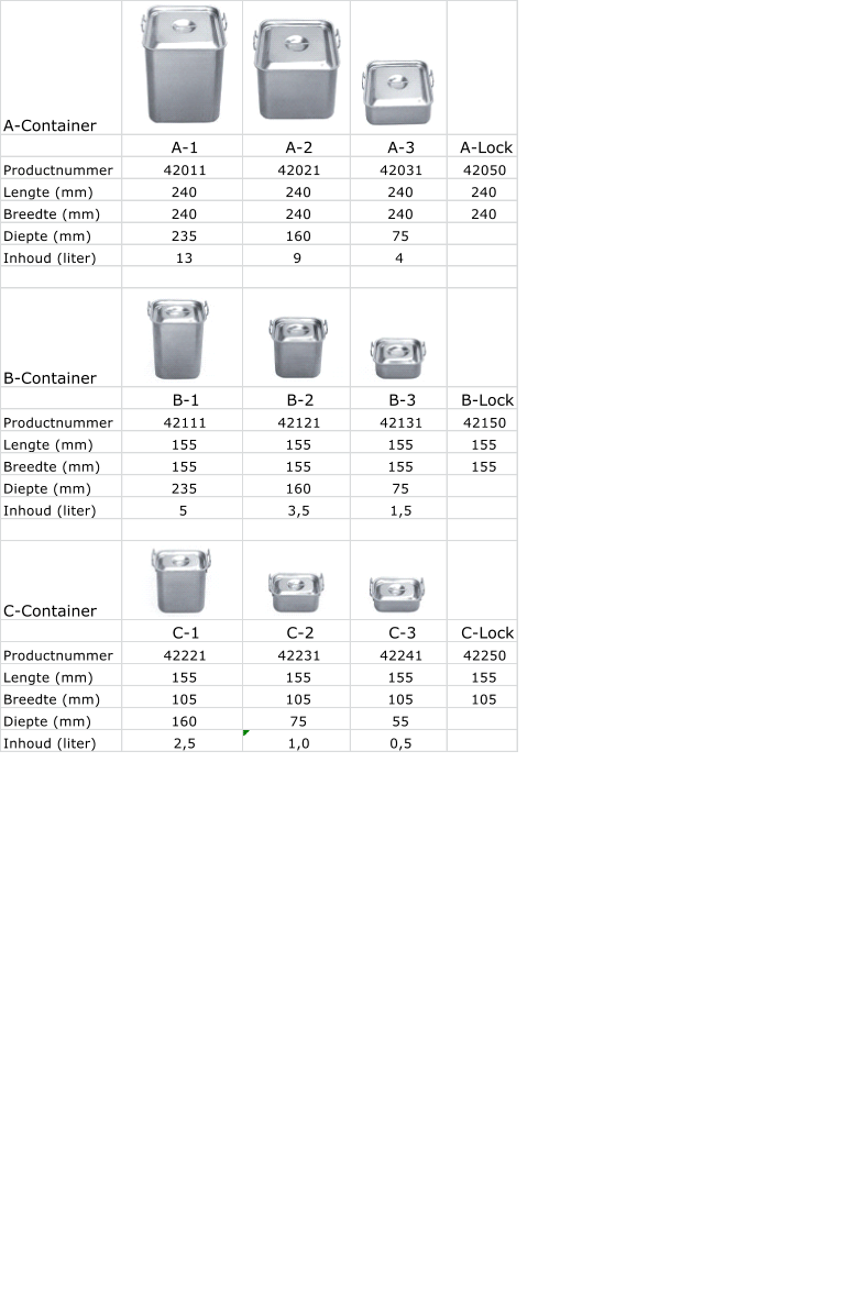 A-Container A-1 A-2 A-3 A-Lock Productnummer 42011 42021 42031 42050 Lengte (mm) 240 240 240 240 Breedte (mm) 240 240 240 240 Diepte (mm) 235 160 75 Inhoud (liter) 13 9 4 B-Container B-1 B-2 B-3 B-Lock Productnummer 42111 42121 42131 42150 Lengte (mm) 155 155 155 155 Breedte (mm) 155 155 155 155 Diepte (mm) 235 160 75 Inhoud (liter) 5 3,5 1,5 C-Container C-1 C-2 C-3 C-Lock Productnummer 42221 42231 42241 42250 Lengte (mm) 155 155 155 155 Breedte (mm) 105 105 105 105 Diepte (mm) 160 75 55 Inhoud (liter) 2,5 1,0 0,5